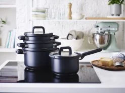 BK Pannenset Flow Cool - Zwart / RVS - 4 Delige Set -Keukengerei Winkel 6d8e27413cccc5ae599280d6252f42abac4bc45d BK Flow cool Bl 4 8 pc Set